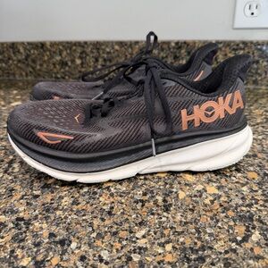 Hoka Black Running Shoes with Peach Accents ladies size 8.5